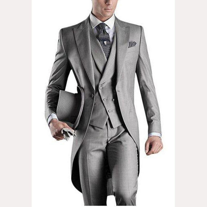 

2020 Groom Slim Fit Men Suit Tailcoats Light Grey Custom Prom Groomsmen Mens suits Wedding Tuxedo ( Jacket+Pants+Vest+Tie+Hanky, Black