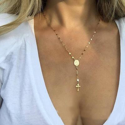 3 Colors Cross Necklace Rosary Virgin Mary Virgin Religious Jesus Necklace Cross Pendant Artificial Jewelry For Women Necklace Gift
