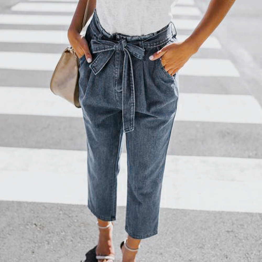 

Boyfriend Ripped Jeans For Women High-waist Stretch Loose Bandage Bow Jeans Skinny Denim Pants Pencil Trousers Clothes vaqueros, As pic