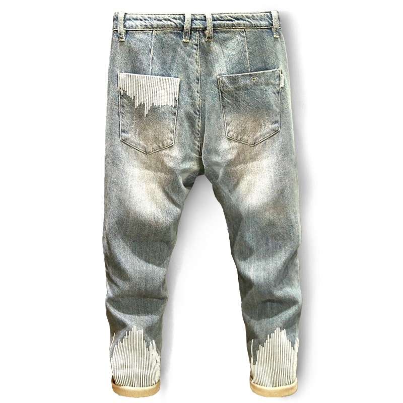 

Stripes Print Jeans Men's Fashion Loose Straight Pants Korean Style Denim, Blue
