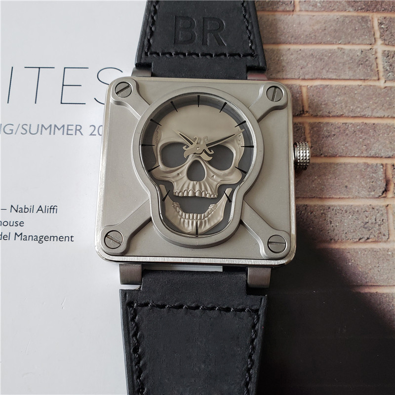 

Top brand luxury mens watches mechanical automatic movement skull designer watch airborne leather strap waterproof br watch montre de luxe, Slivery;brown