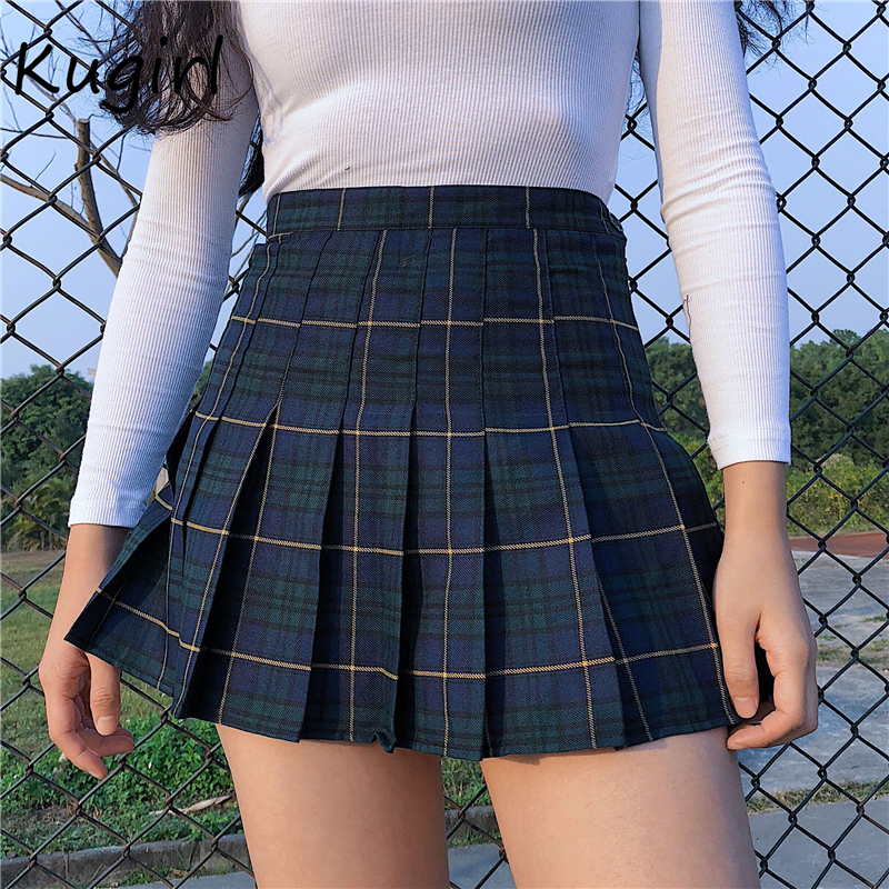 

Harajuku Tartan Pink Women Skirt Sexy plaid Pleated Skirts Fashion Mini Skirt Side Button High Waist skirts womens Casual LY191203, J13 w2204 green
