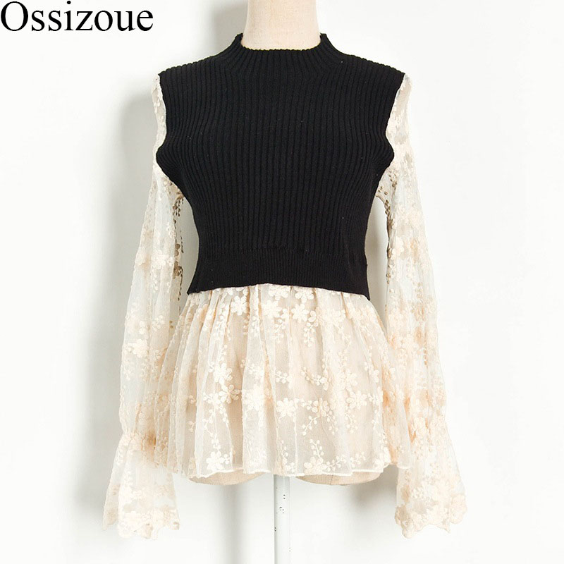 

2020 Spring Sweater women Patchwork Lace Pullover Sweet Knitted Flare Sleeve Perspective Female pull femme Sexy Shirt Tops, Gray