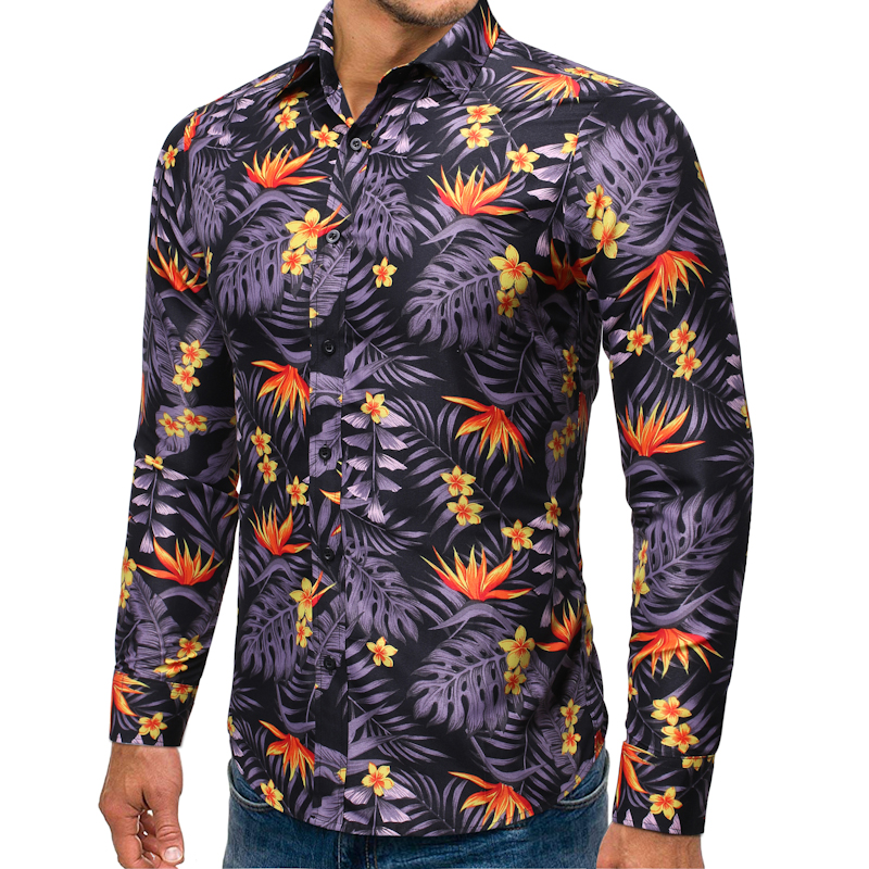 

high quality 2019 Spring Autumn new purple bougainvillea flower printed shirt men' loose long-sleeved lapel beach dress shirt, Multi