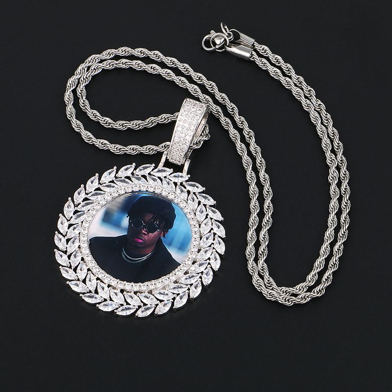 

New Grain Custom Photo Round Medallion Solid Back Pendant Necklace With Tennis Chain Cubic Zircon Men's Hip hop Jewelry Dropship