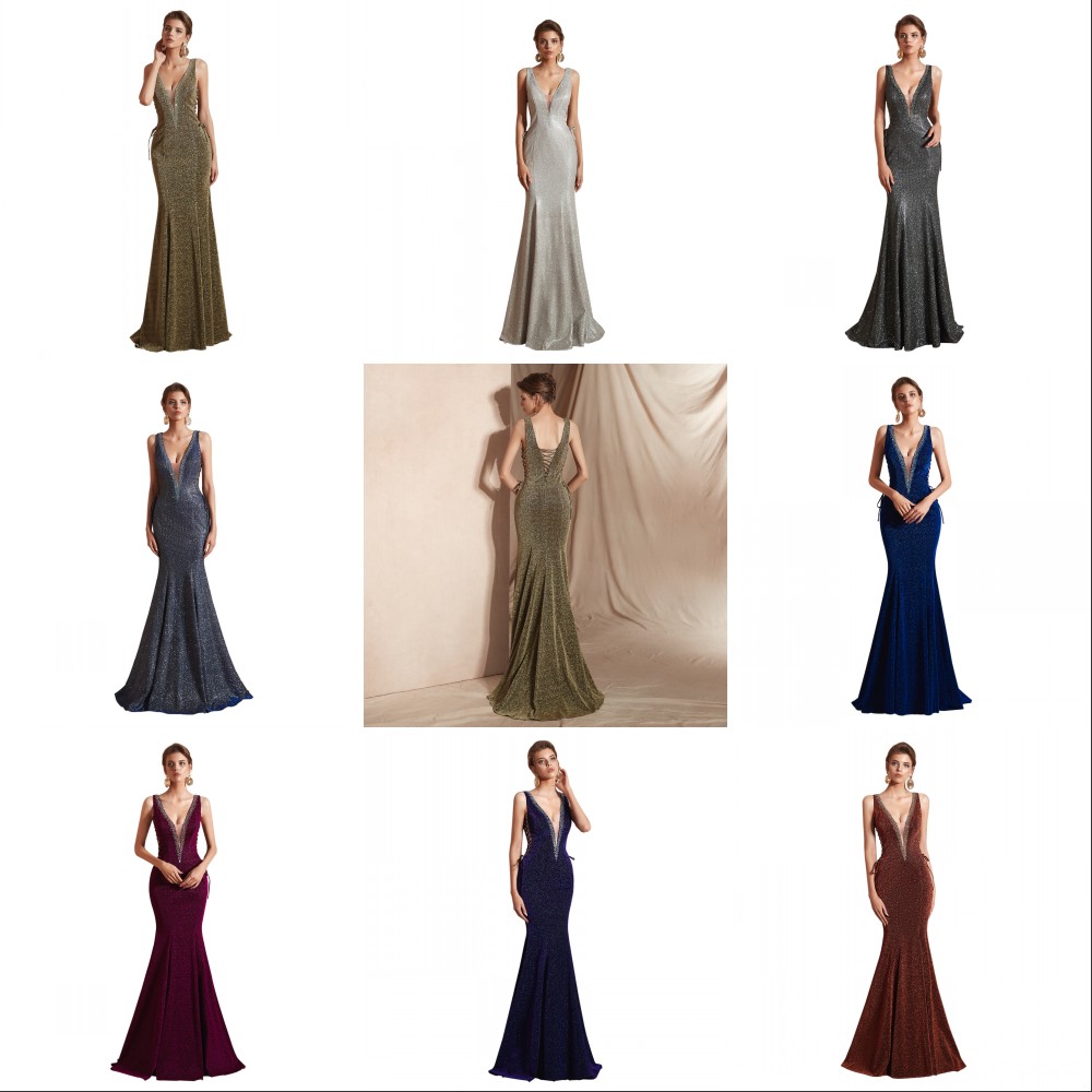 

2019 Real Photos Sexy Mermaid Prom Dresses Deep V Neck Sleeveless Lace Beaded Crystal Open Back Long Formal Party Dress Evening Gowns, Silver 2#
