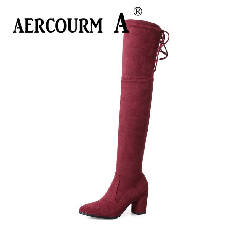 X Your Design Womens Cone Heel Thigh High Over The Knee Boots Close Pointed Toe Suede Warm Winter Shoes