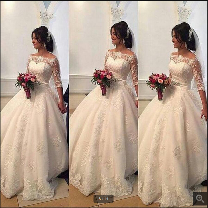 

Free shipping 2019 white lace appliques ball gown wedding dress 3/4 sleeve princess puffy long bridal gowns best selling wedding dresses, Ivory