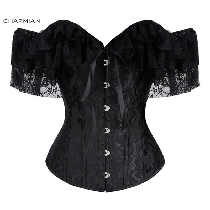 

Charmian Women' Victorian Gothic Jacquard Off Shoulder Floral Lace Bridal Brocade Waist Cincher Plastic Boned Overbust Corset, Black