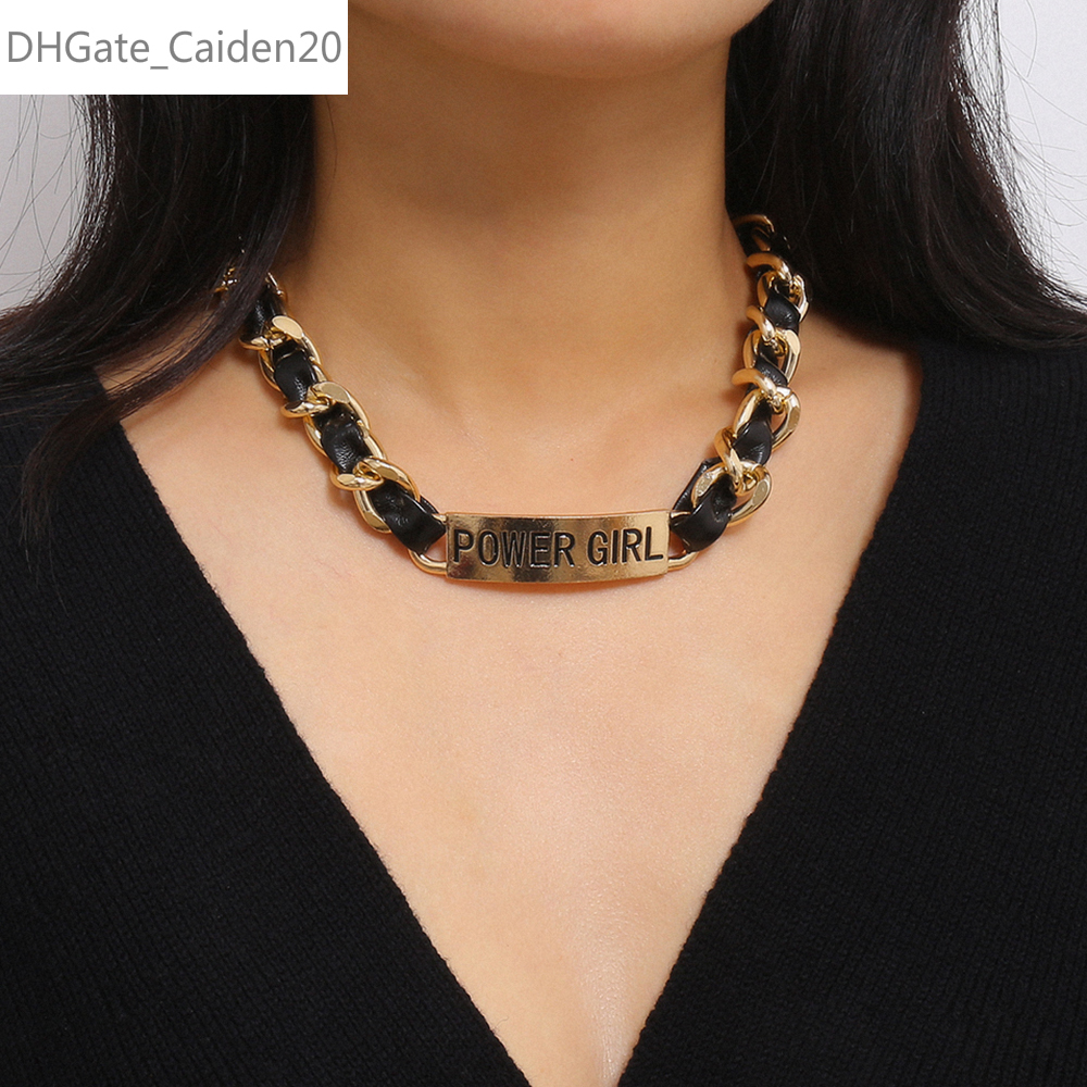 

Vintage Pu Leather Chunky Thick Curb Cuban Choker Necklace Punk Gold Color Letter Pendant Necklace For Women Jewelry