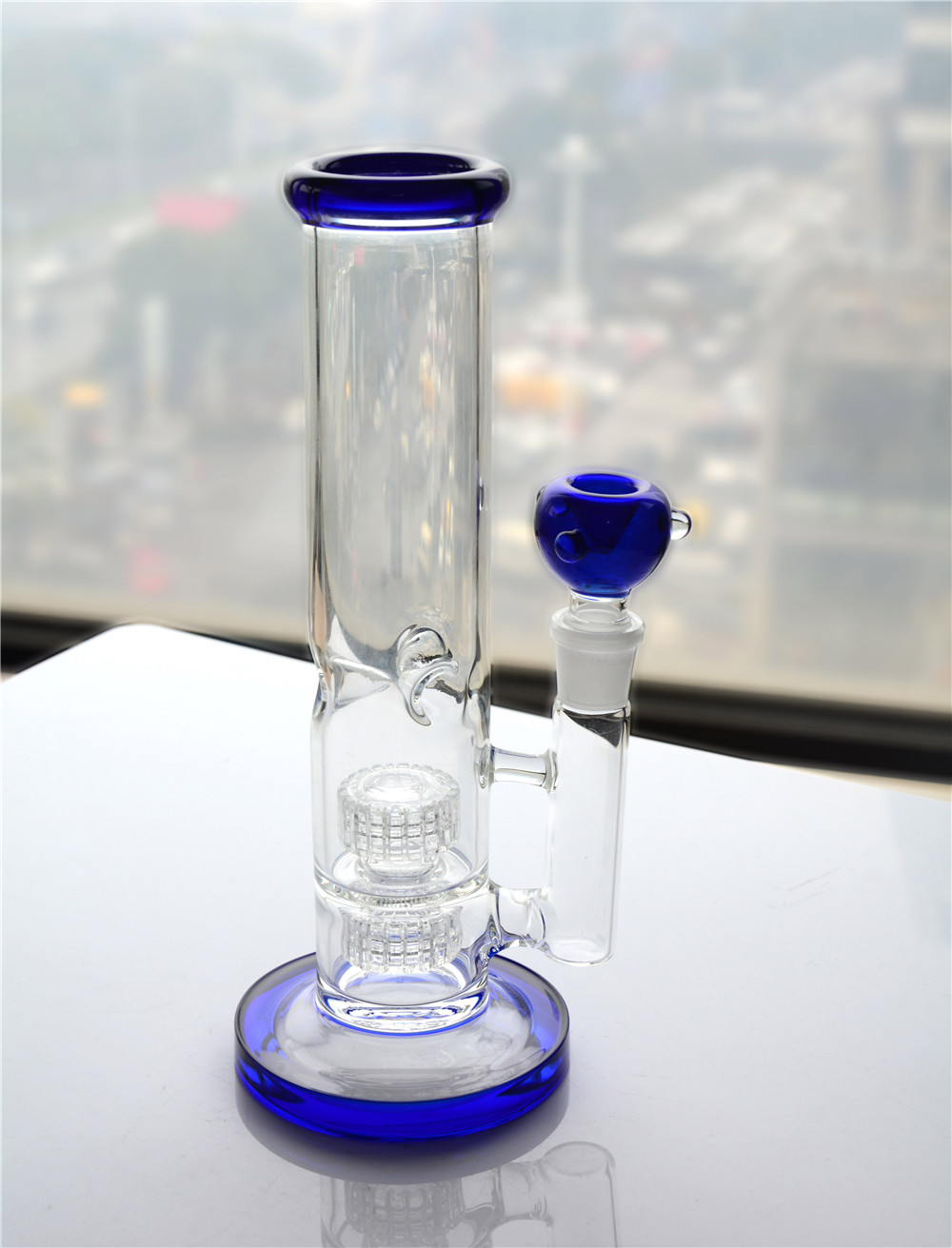 

Blue New Straight Tube glass bongs with colored diffuse stereo matrix dab rig water pipe 18 mm joint 10" tall
