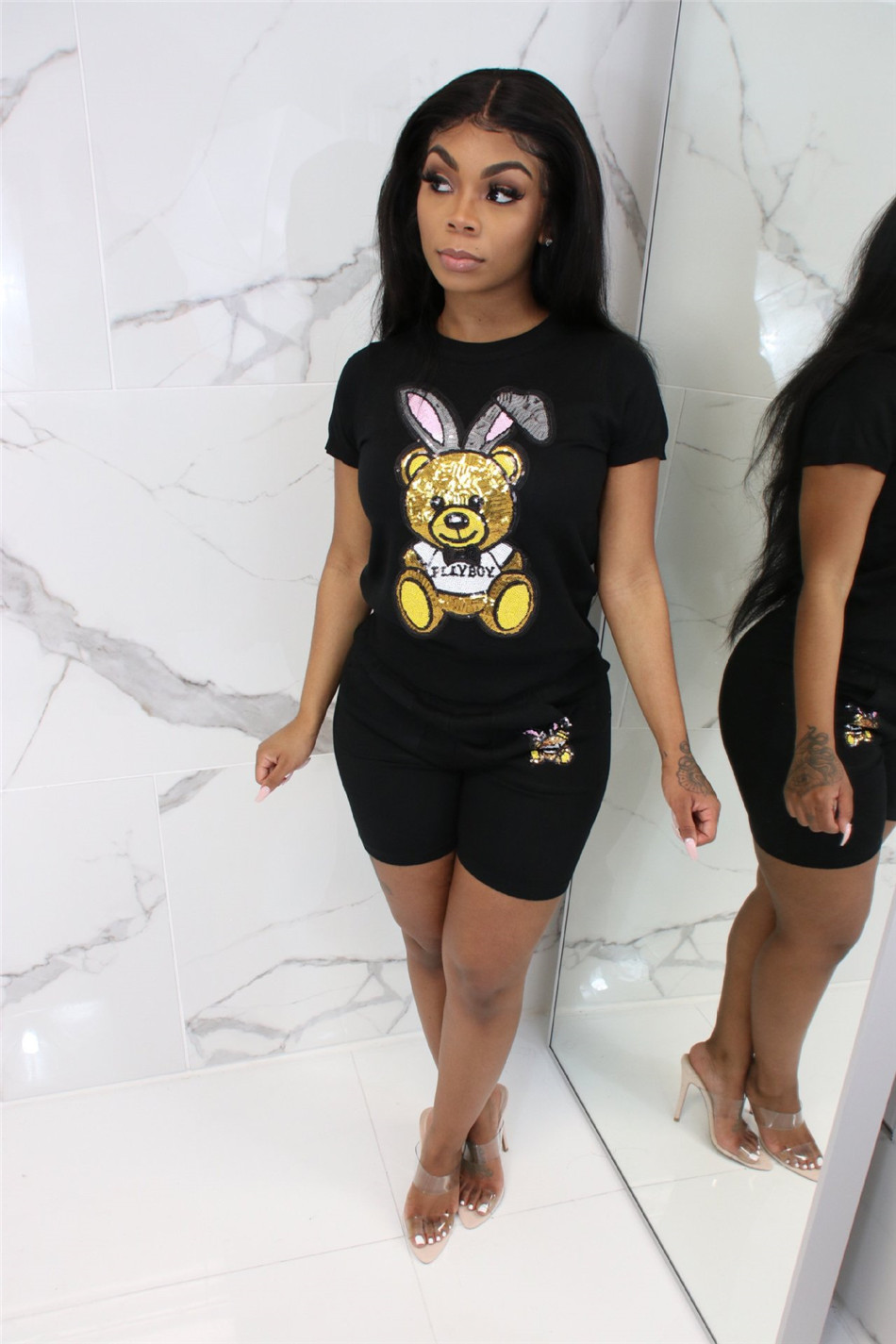 black sequin shorts outfit