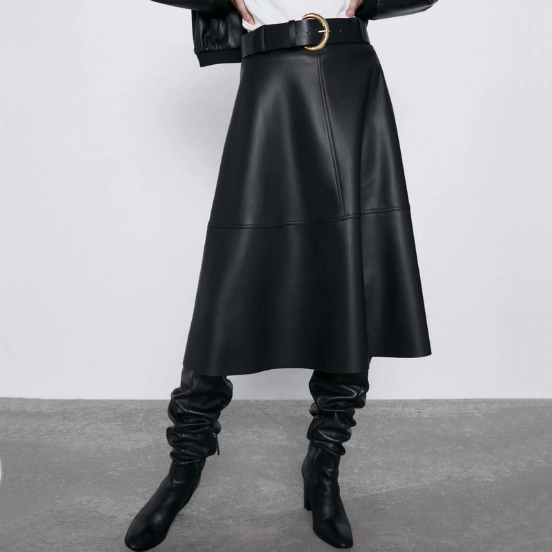 

2020 New Autumn Winter Quality Women High Waist Faux Leather Midi Maxi Long Skirts Female A-line Elegant Black Skirt with Belt, 1451g black