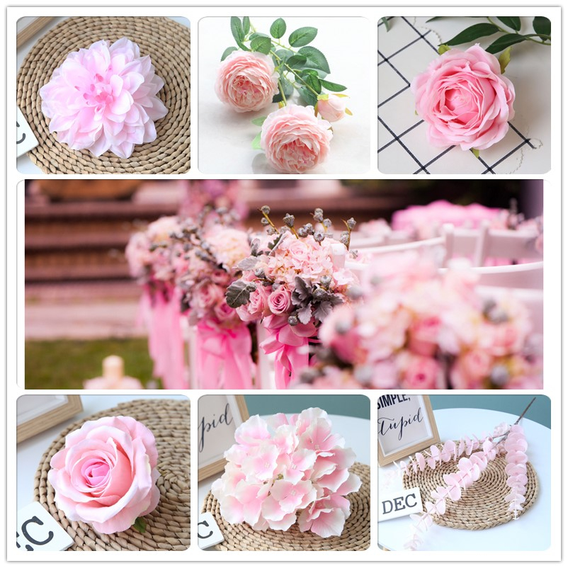 

Pink Color Artificial Flower Wedding Rose Peony Hydrangea Plant Bridal Bouquet Wedding Decoration DIY Home Party Fake Flowers, 15cm stem