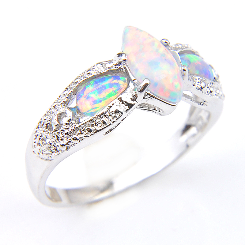 

New6 Pcs/lot Holiday Gift Jewelry Unique White Opal Gems Russia 925 Sterling Silver Plated Opal For Women Wedding Party Ring