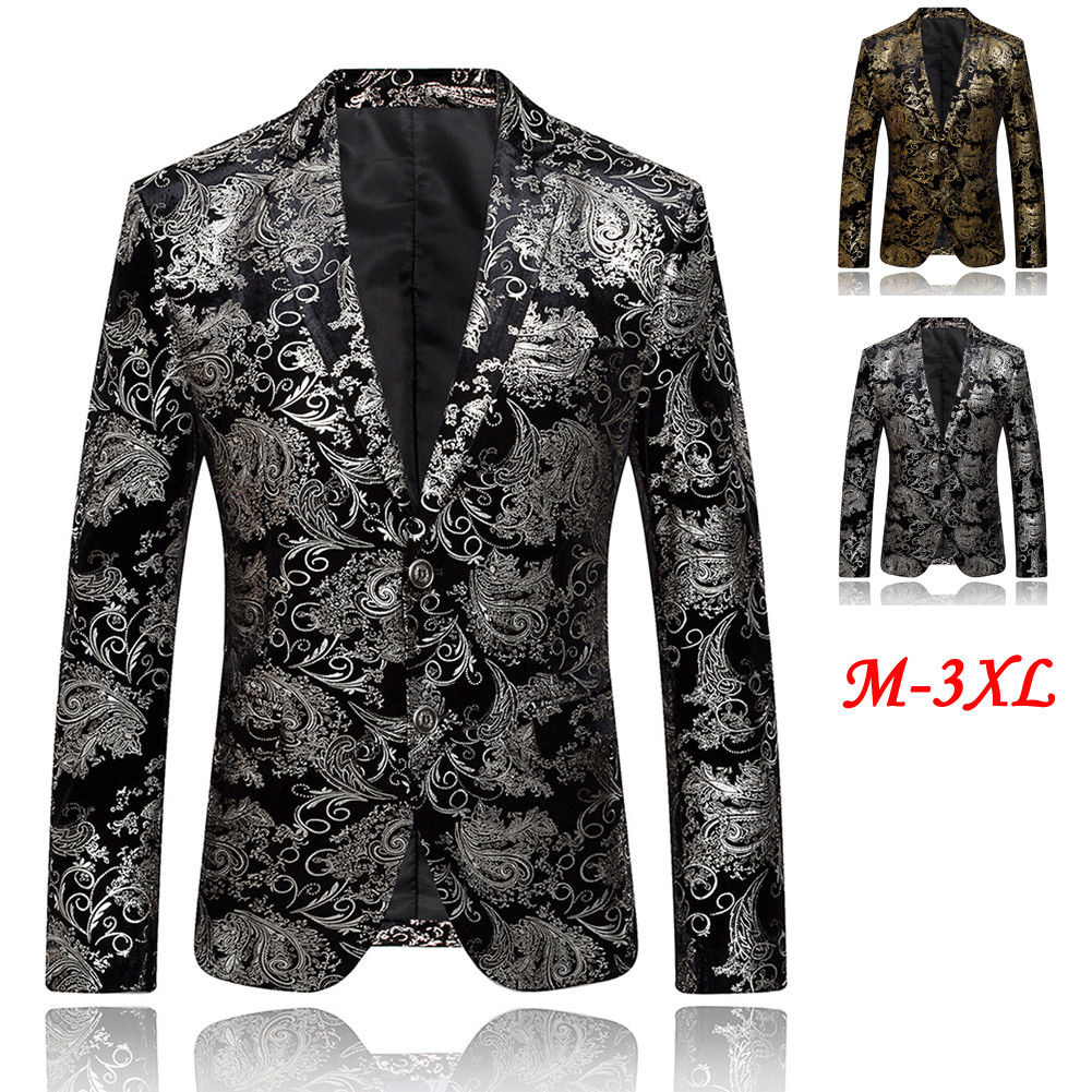 

Autumn New Mens Fashion Suit Blazer Casual Formal Tops Luxury Jacket Floral Print Blazers Slim Coats Plus Size, Sliver