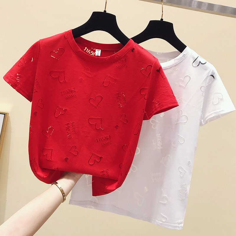 

fashion T-shirt Women Hollow out Love sweet Tee shirt Female Tops Short sleeve Tshirt O-neck T shirt Cotton 2020 Naisten T-paita, Red