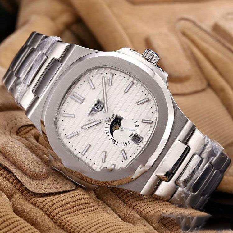 

2019 New arrival Top Quality 9 Colors 41mm Nautilus White Gold Big Date Asian 2813 Automatic glide smooth Moon phase D-Blue Mens Watch, Slivery;brown