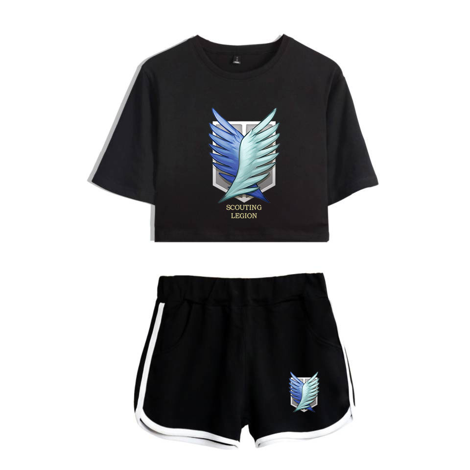 

Summer Women's Sets Anime Attack on Titan Short Sleeve Crop Top + Shorts Sweat Suits Women Tracksuits Two Piece Outfit Cosplay, Gray
