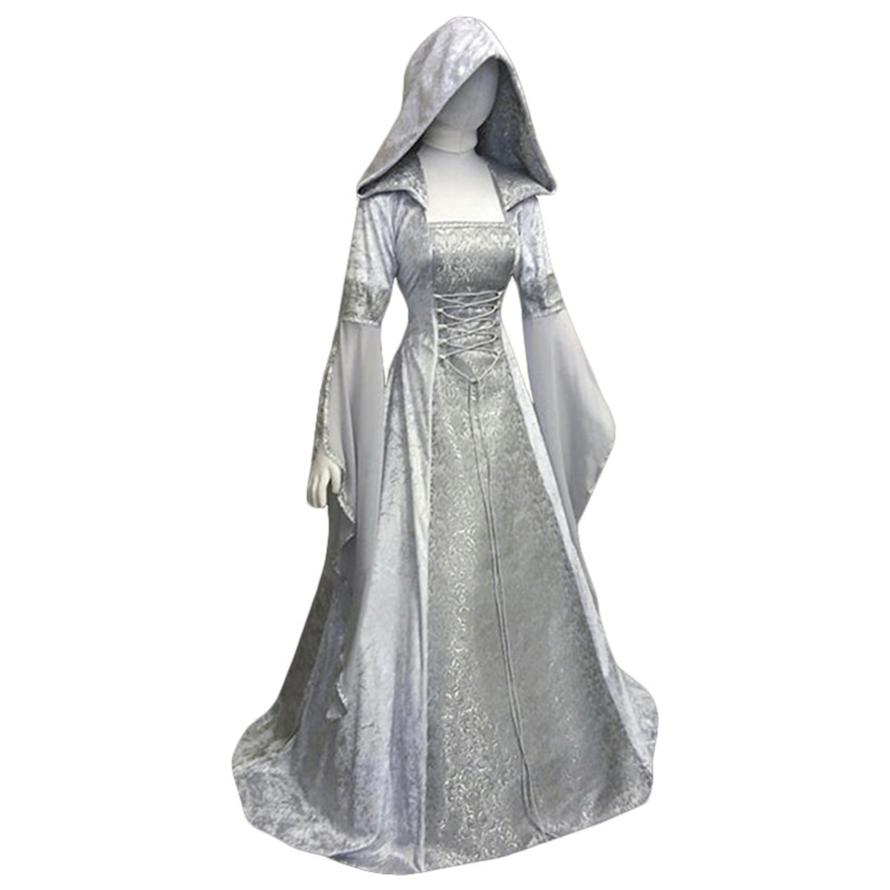 

Theme Costume Medieval Women Renaissance Hight Waist Corset Retro Gothic Hooded Dress GOT Cosplay Long Sleeve Robe, As pic