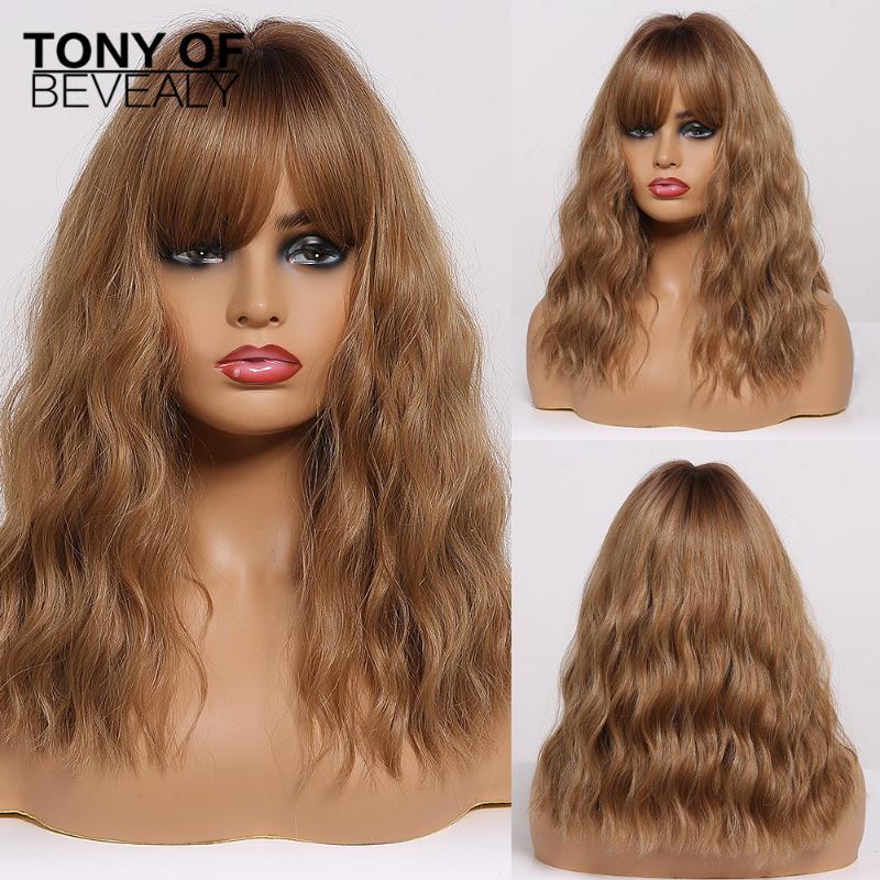 

Medium Wavy Wigs Ombre Brown Natural Synthetic Hair Wigs with Bangs for Afro Women Body Wave Daily Cosplay Heat Resistant, Lc216-1