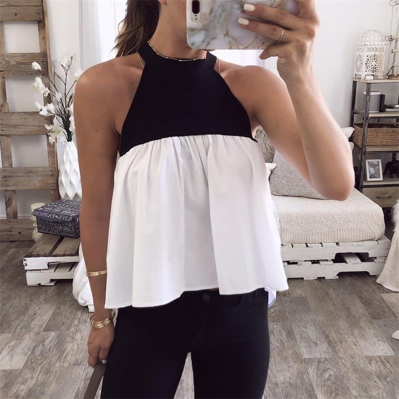 

Women Blouse 2019 Summer Sleeveless Sexy Tops Hit Colot Patchwork Shirts Casual Loose Plus Size Blusas SJ1812V, Black