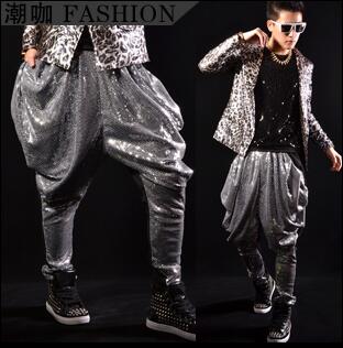 

mens pants stage personality Silver sequins harem pant men feet trousers singer dance rock fashion pantalon homme street, Only pants