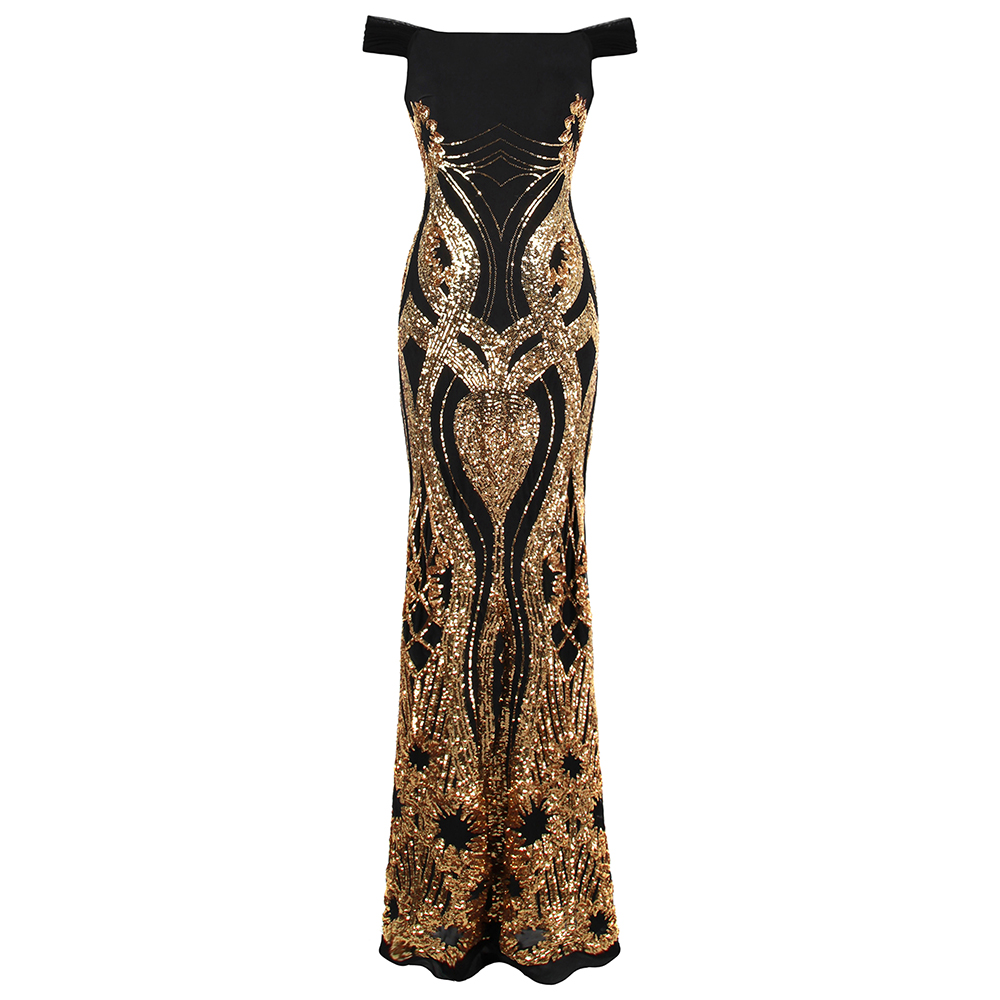 

Angel-fashions Women's Off Shoulder Gold Floral Pattern Sequins Column Sheath Evening Dress Prom Gown Party Black Gold 407