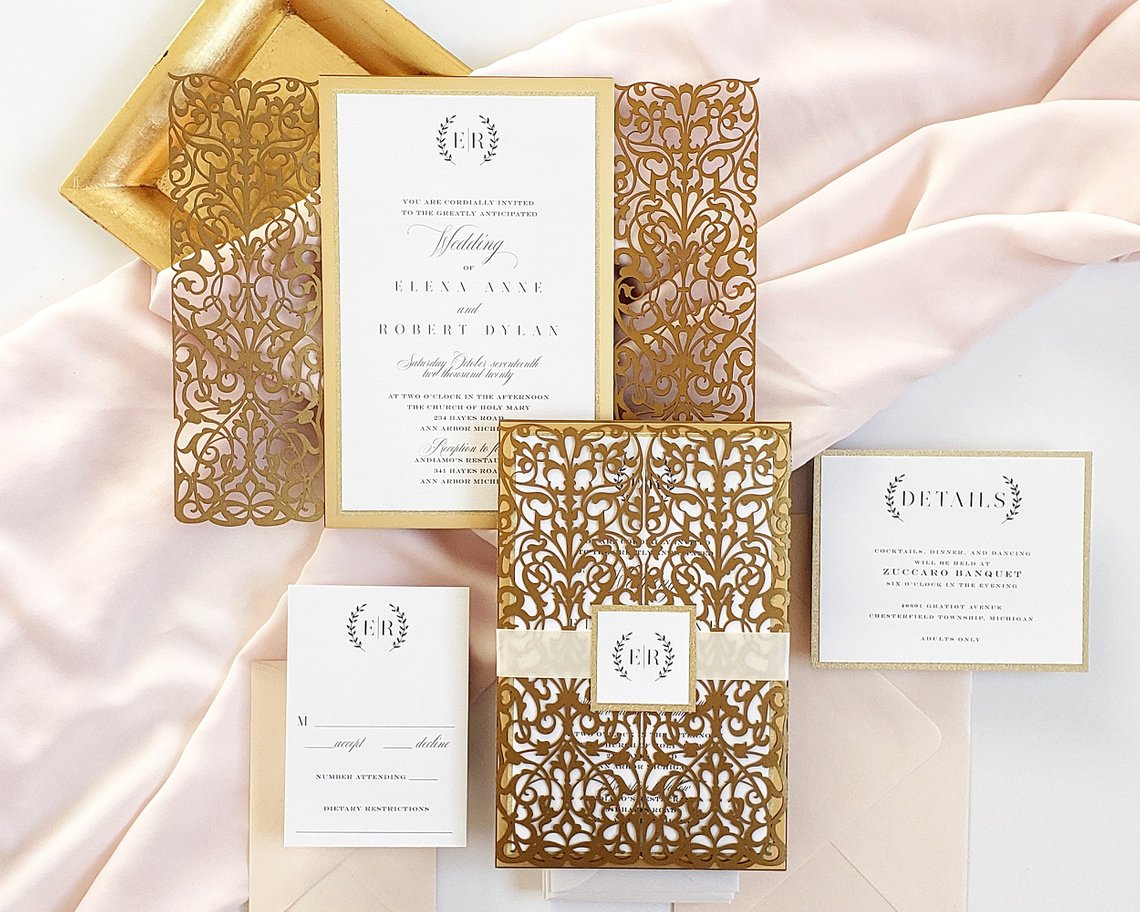 

Gold Wedding Invitation, Royal Glitter Bottom Wedding Invites, 2019 Elegant Laser Cut Wedding Invite with Ribbon Belt and Tag, Silver