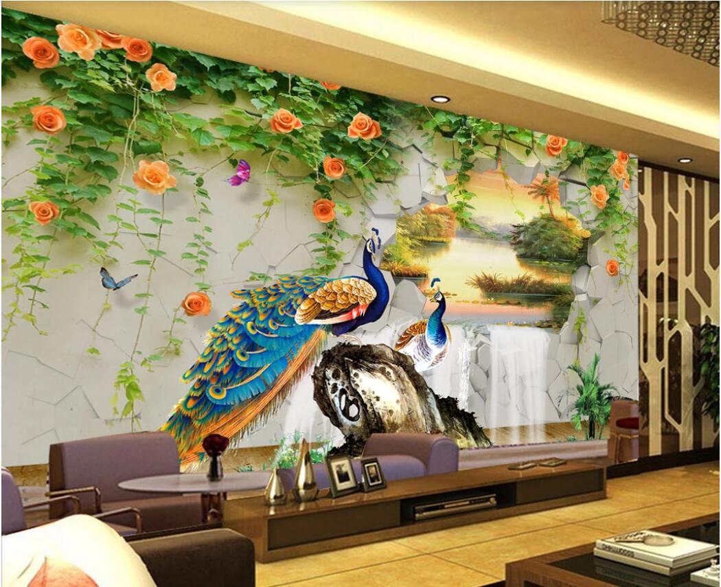 

3d room wallpaper custom photo mural 3D landscape painting of peacock and butterfly with background wall wallpaper for walls 3 d, Non-woven fabric