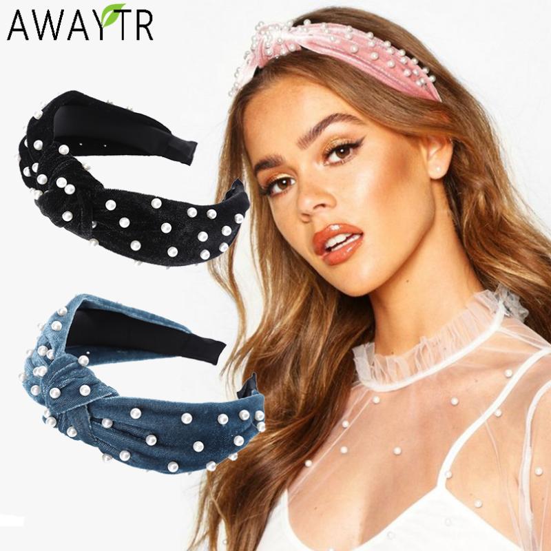 

AWAYTR Korean Pearl Velvet Headband for Women Bezel Wide Knotted Hair Hoop Women Hairband Elastic Fashion Girls Hair Accessories