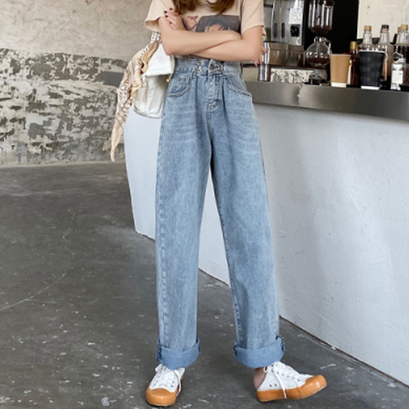 

Vintage Mom Jeans Womens Adjustable Design Jeans Pants Plus Size Cylinder High Waist Wide Leg Loose Mop Pants Woman, Blue