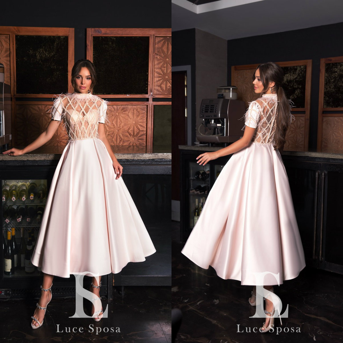 

2019 Light Pink Prom Dresses High Neck Satin Feather Lace Bead Tea Length Cocktail Party Evening Dress Custom Made Formal Gowns, Dark green