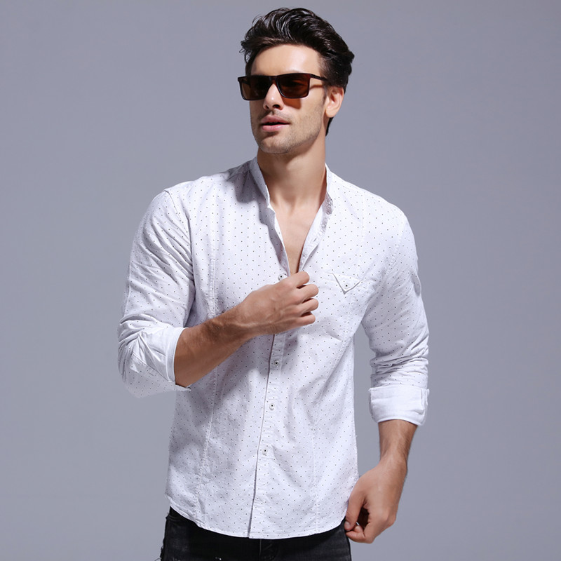 

2020 Brand Quality Factory Clearance 100% Cotton Dot Print Shirt Men Stand Colar Social Business Mens Dress Shirts Long Sleeve, White