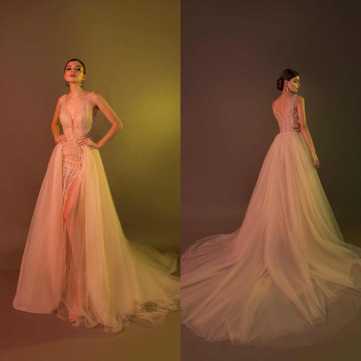 

2019 Light Champagne Berta Bead Prom Dresses V Neck Sweep Train Side Split Evening Dress A Line Custom Made Formal Party Gowns, Daffodil