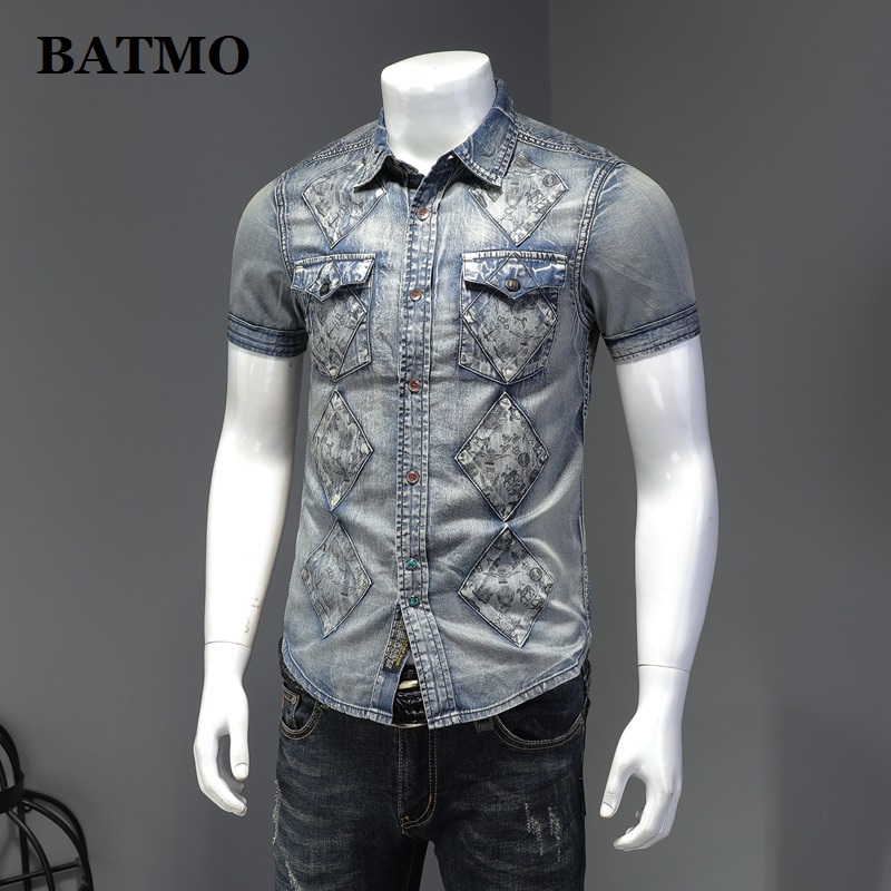 

BATMO 2020 new arrival summer high quality fashion denim shirts men,men's casual shirts,15131, Blue