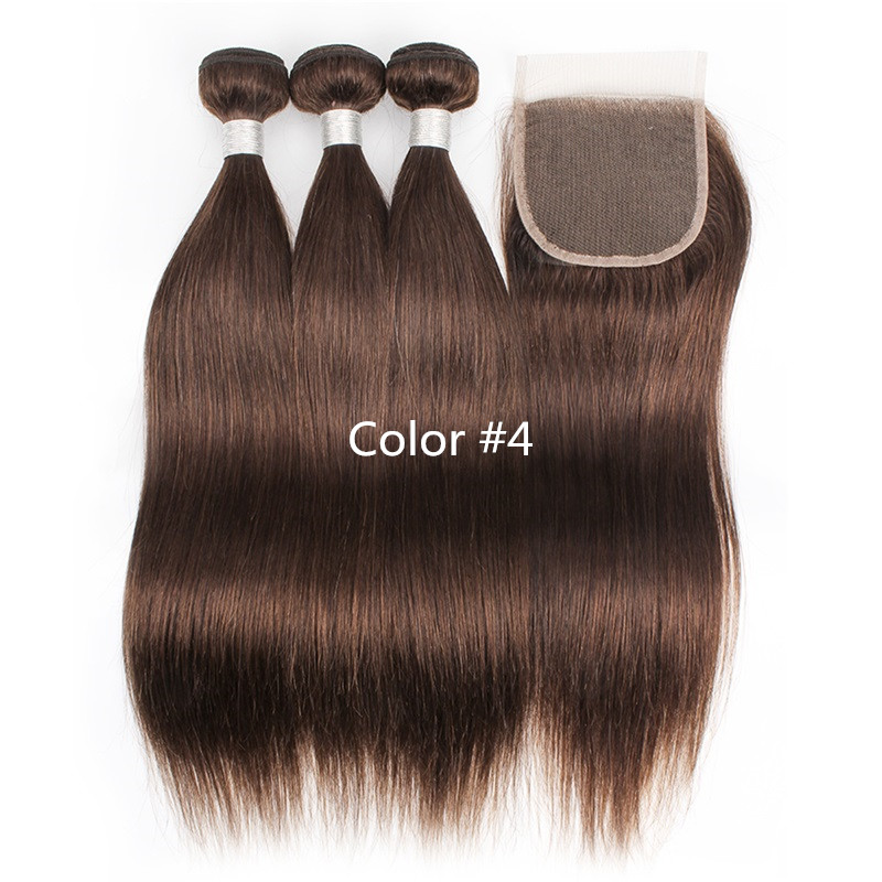 

3 Bundles With 4*4 Lace Closure Color #2 #4 Dark Brown Silky Straight Hair Bundles Raw Virgin Indian Brazilian Peruvian Human Hair Extensions, Natural color