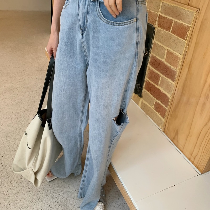 

mop the floor of tall waist split hole straight loose jeans show thin Xuan elegant wind the drape wide-legged pants, See chart