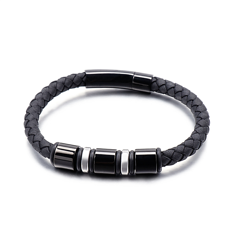 

Fashion Twist Black Leather Weave Tainless Steel Men Cable Wire Bangle Bracelets Street Punk Trendy Blood Men Gold Bracelets