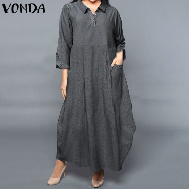 

VONDA 2020 Women Dress Casual Loose Long Sleeve Lapel Neck Maxi Long Dresses Plus Size Bohemian Vestidos -5XL Robe Femme, Black