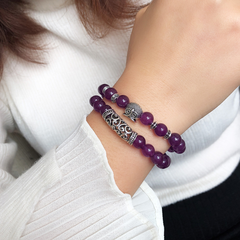 

Natural stone crystal two-piece set hand beads multicolor owl yoga bracelet