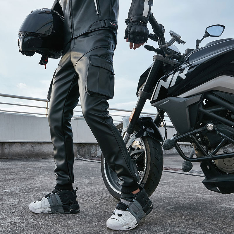 

Idopy Cool Motorcycle Faux Leather Pants Warm Autumn Winter PU Waterproof Windproof Biker Cargo Pants Trousers For Man, Black