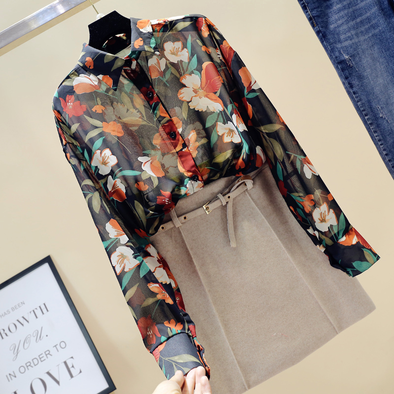 

Spring Summer Women's Flowers Chiffon Shirt Thin Large Size Printed Chiffon Shirt Wild Long-sleeved Sunscreen Women GD443, Black