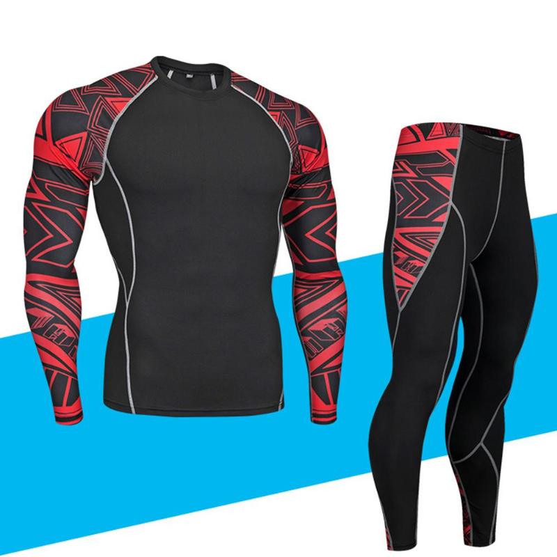 

2Pcs/Set Men Sports Suit Fitness Clothing Printed Tracksuit Compression Long Sleeve Shirt Pants Workout Rashguard Tights, White