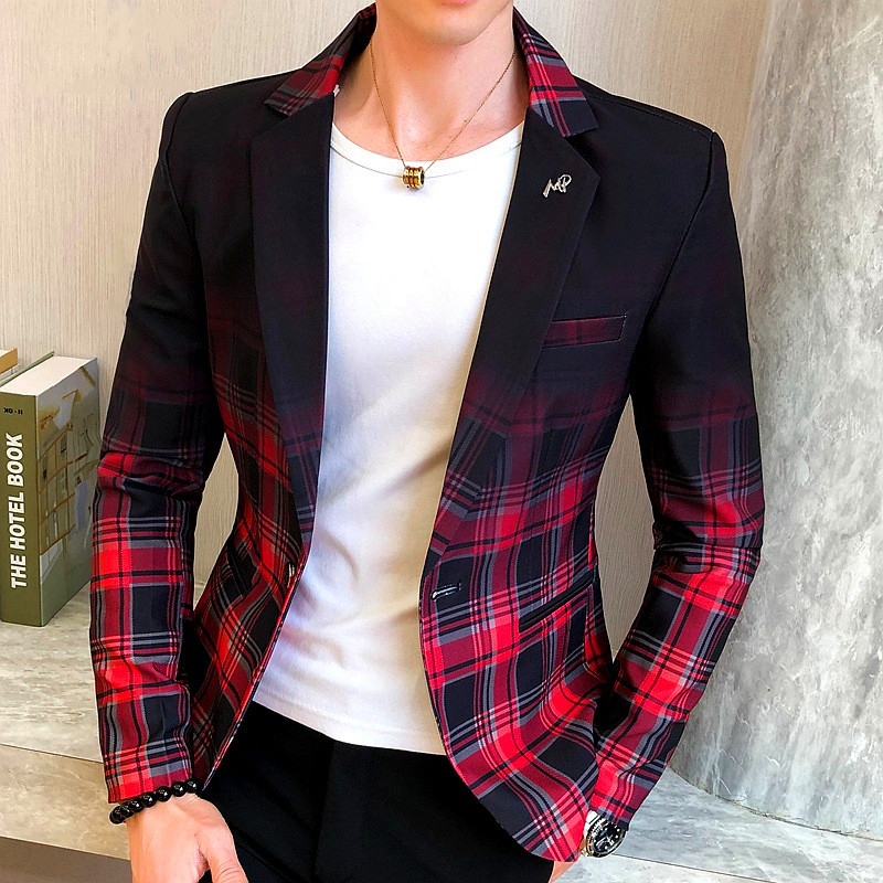 

Men Blazer 2020 Spring New Colorblock Plaid Blazer Men Slim Casual Man Blazers Wedding Business Party Clothing Dress Coats, Gray