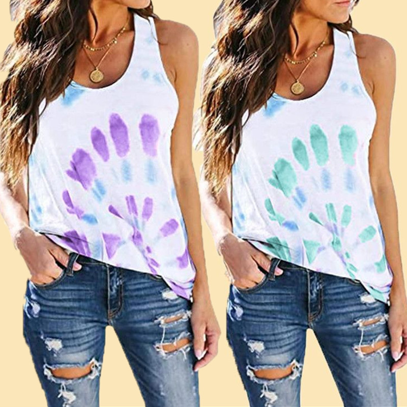 

New Plus Size Women Tank T-shirt 2020 Casual Tie Dye Print Sleeveless O-neck Loose Tops Fashion Street Girls Clothing Blue Vest, 1127-lake blue