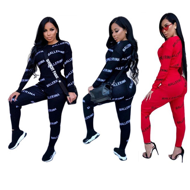 

Women's Letter Printed Two Piece Pants Sets Fashion Tracksuits Casual Ladies Pullover O-Neck Slim Tops Pant Sports Suits Outfits Spring Women Clothing S-XL, Black