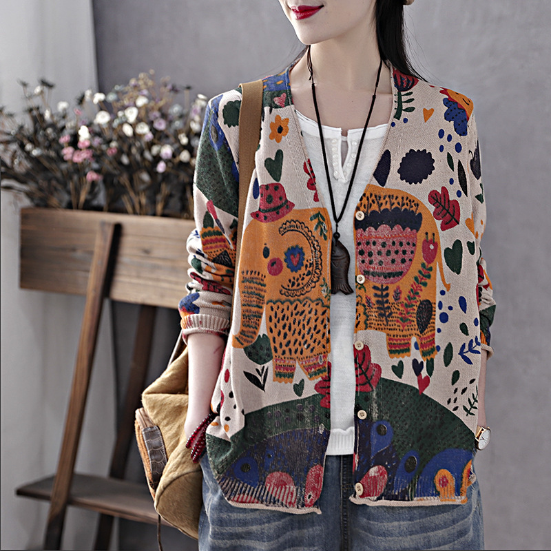 

Retro literary spring and autumn cardigan sweater women loose lazy printing long-sleeved sweater coat, Beige