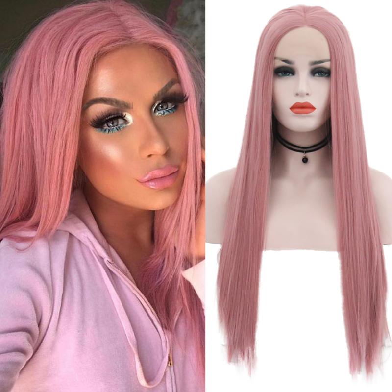 

QUINLUX WIGS Glueless Heat Fiber Pink Long Silky Straight Wig For Women Cosplay Natural Hairline Synthetic Lace Front Wig Peach, As pic