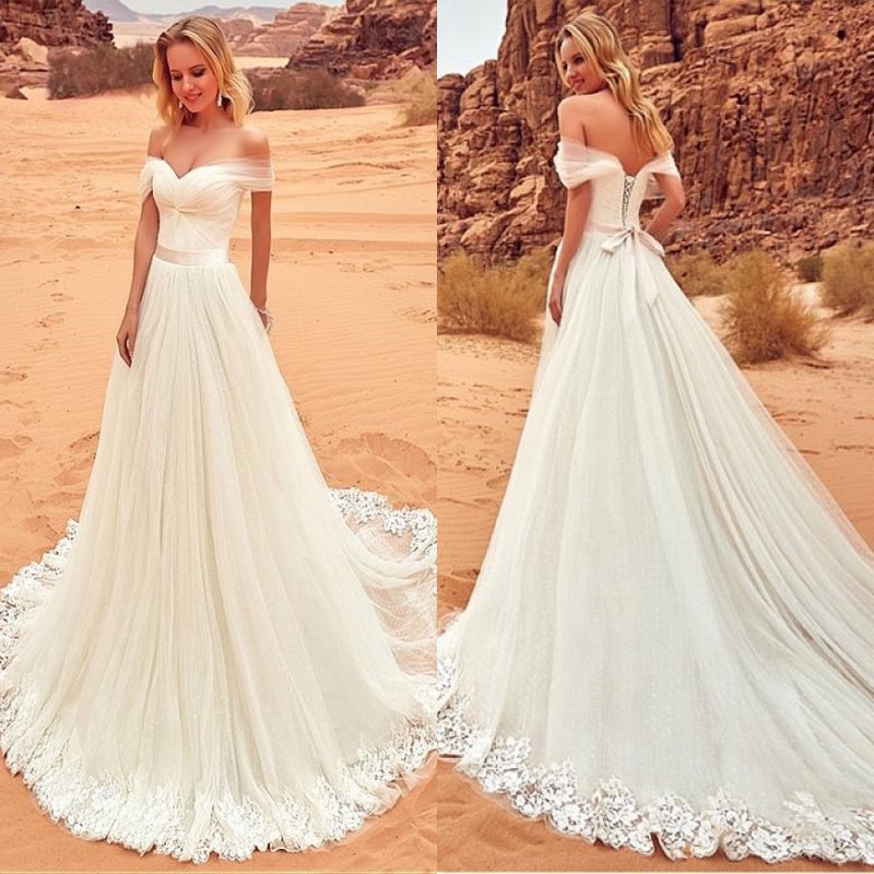 

Bohemian Wedding Dresses Off The Shoulder A Line Beach Lace-up Back Sweep Train Simple Boho Bridal Gowns, White